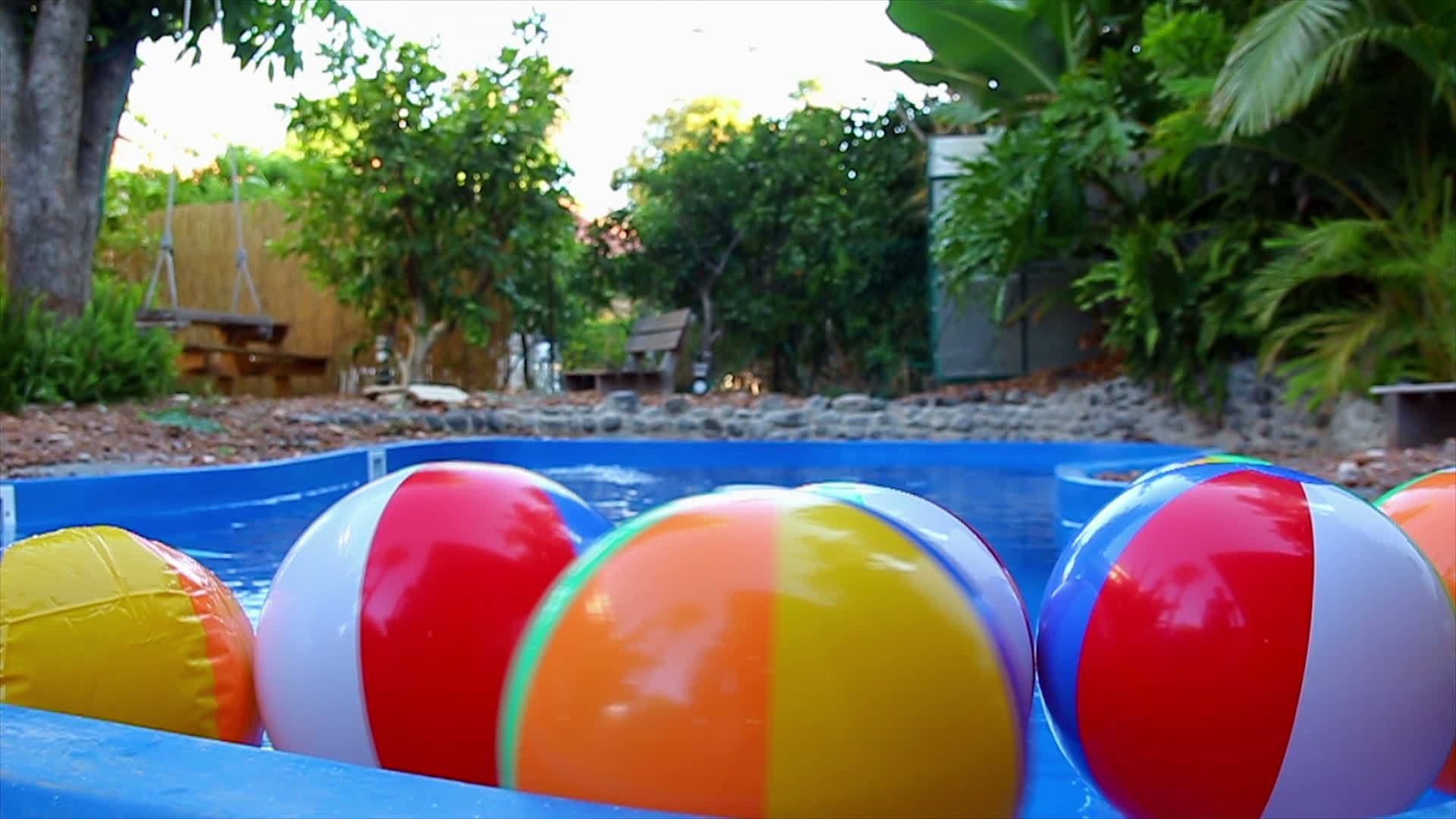 漂浮在游泳池中的彩色海滩球视频的预览图