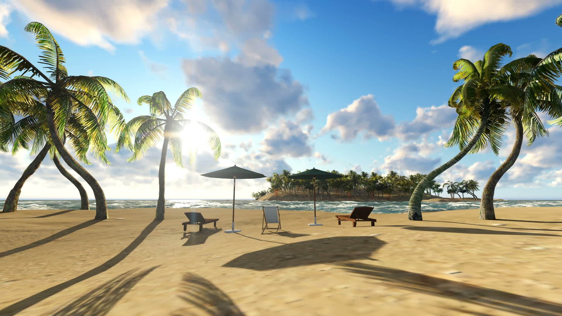 太阳椅和伞在美丽的海滩上视频的预览图