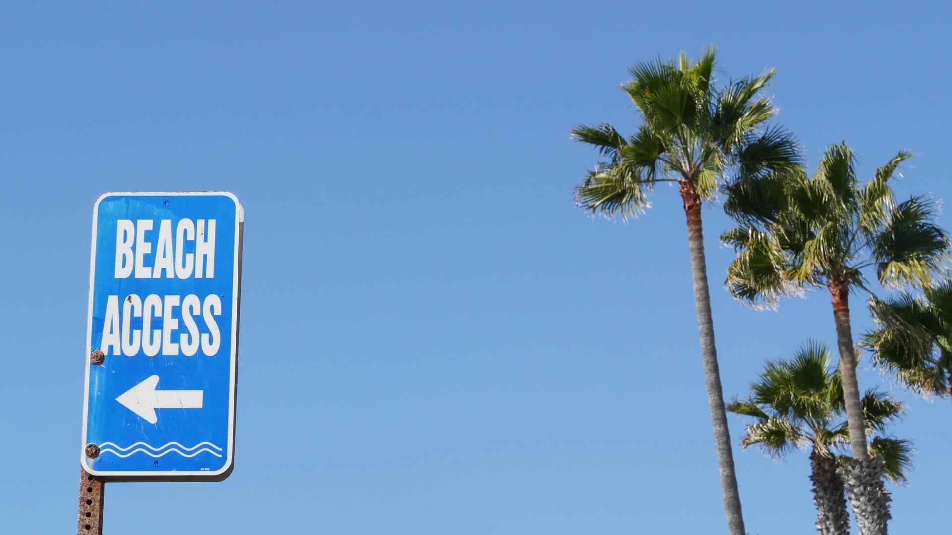 加利福尼亚州阳光明媚的海滩标志、棕榈树和棕榈树视频的预览图