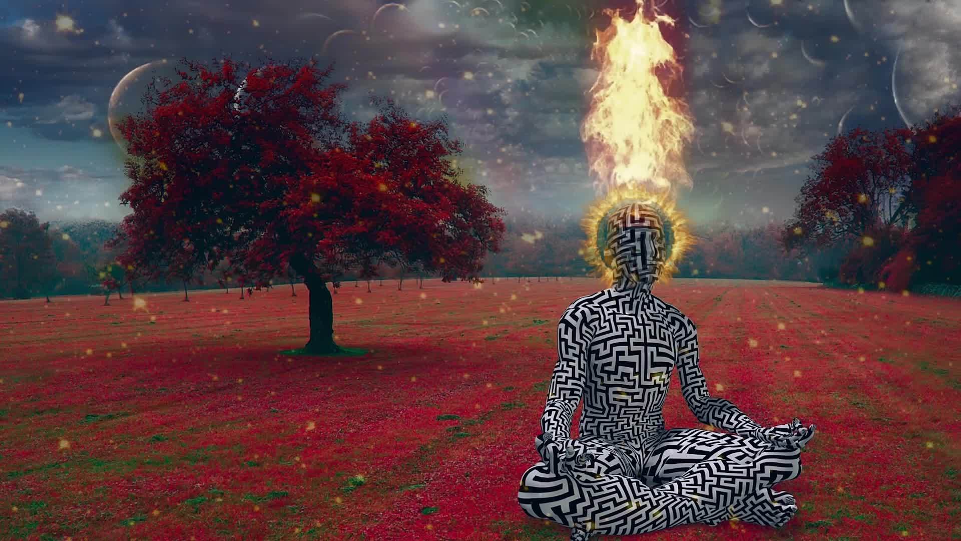 燃烧的头用莲花的姿势冥想视频的预览图