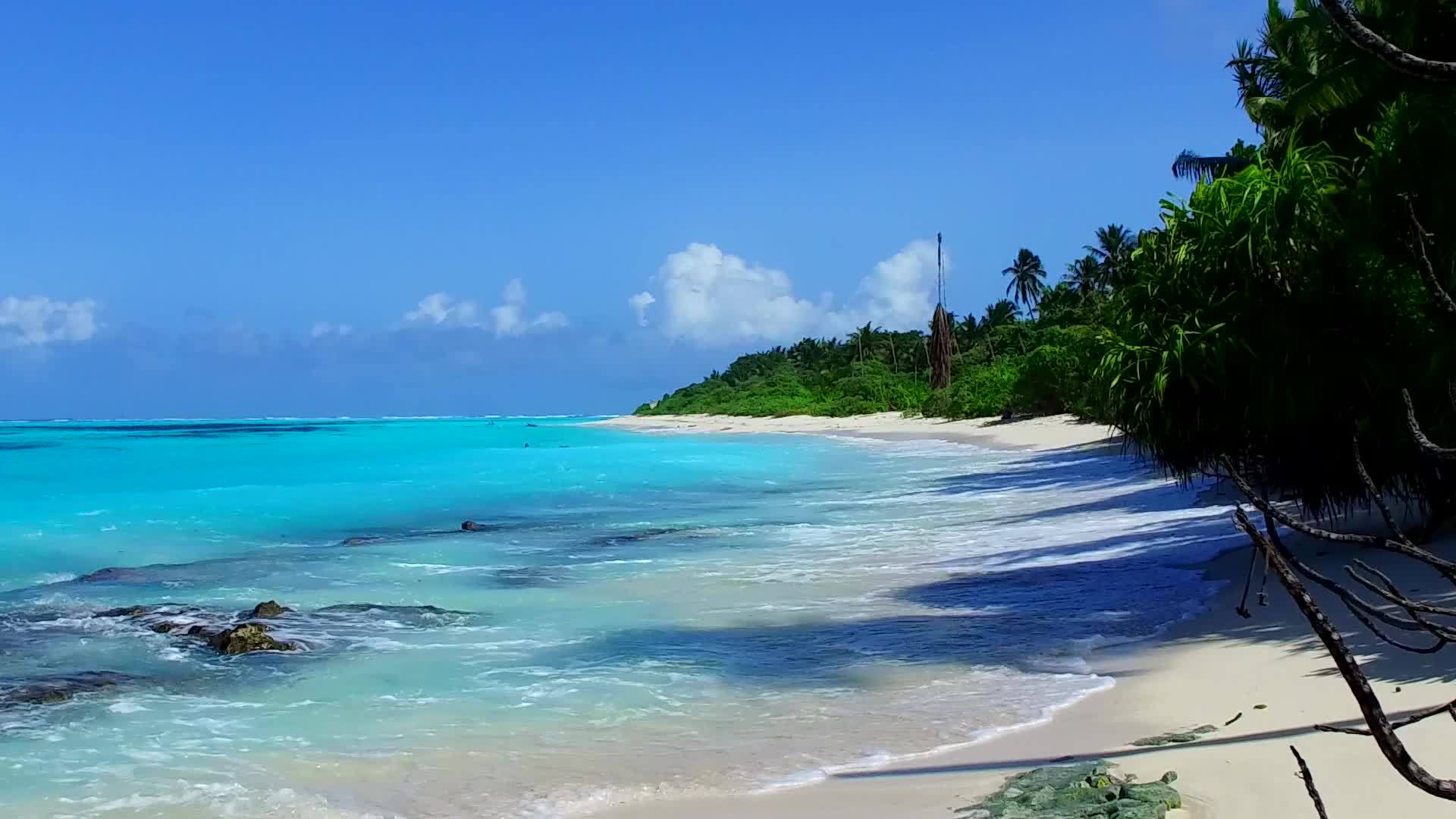 浅泻湖和珊瑚礁附近的白沙背景田园诗般的海滩之旅视频的预览图