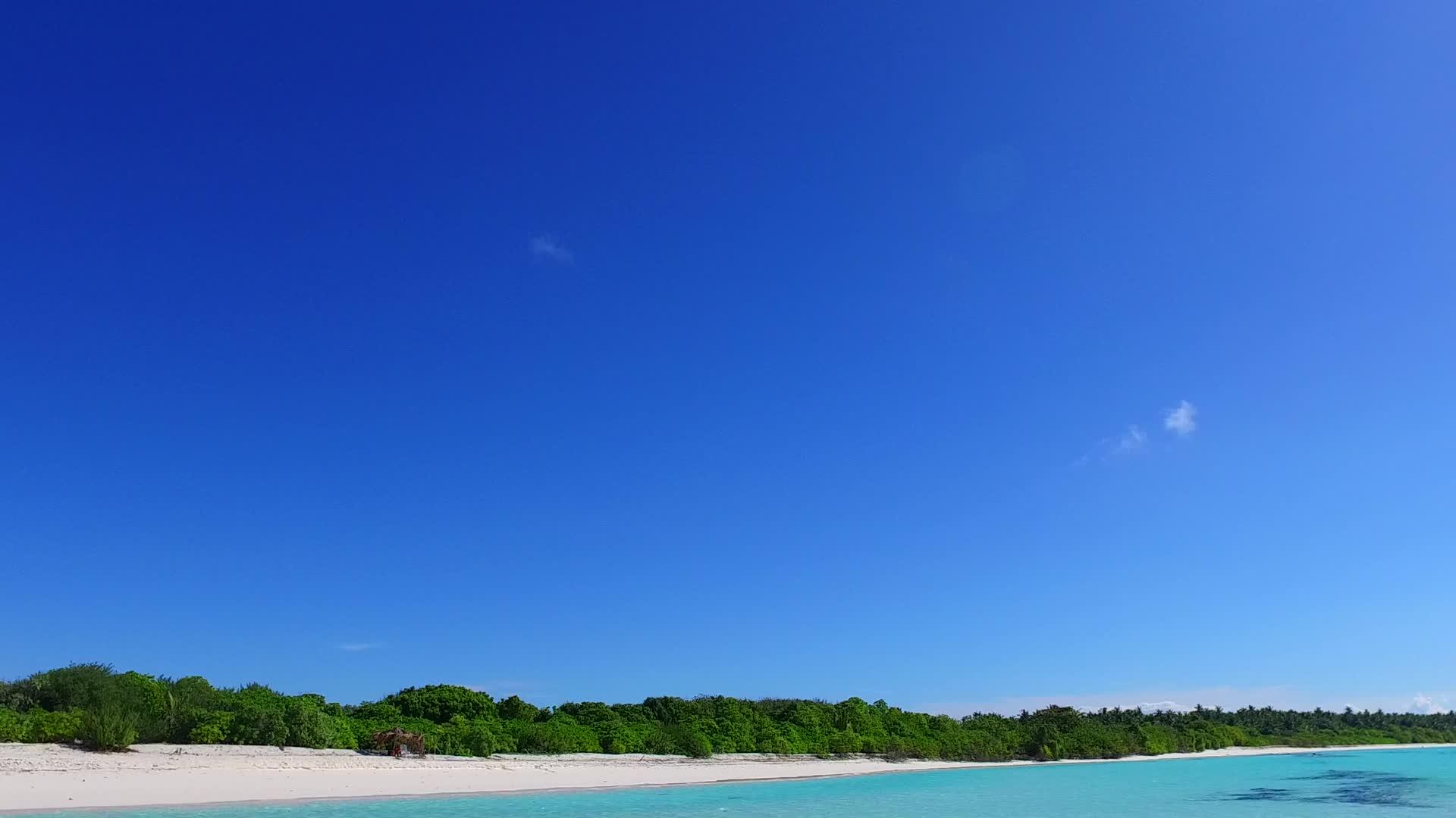 夏季热带旅游海滩时间由海面附近的松绿环礁湖和白沙组成视频的预览图