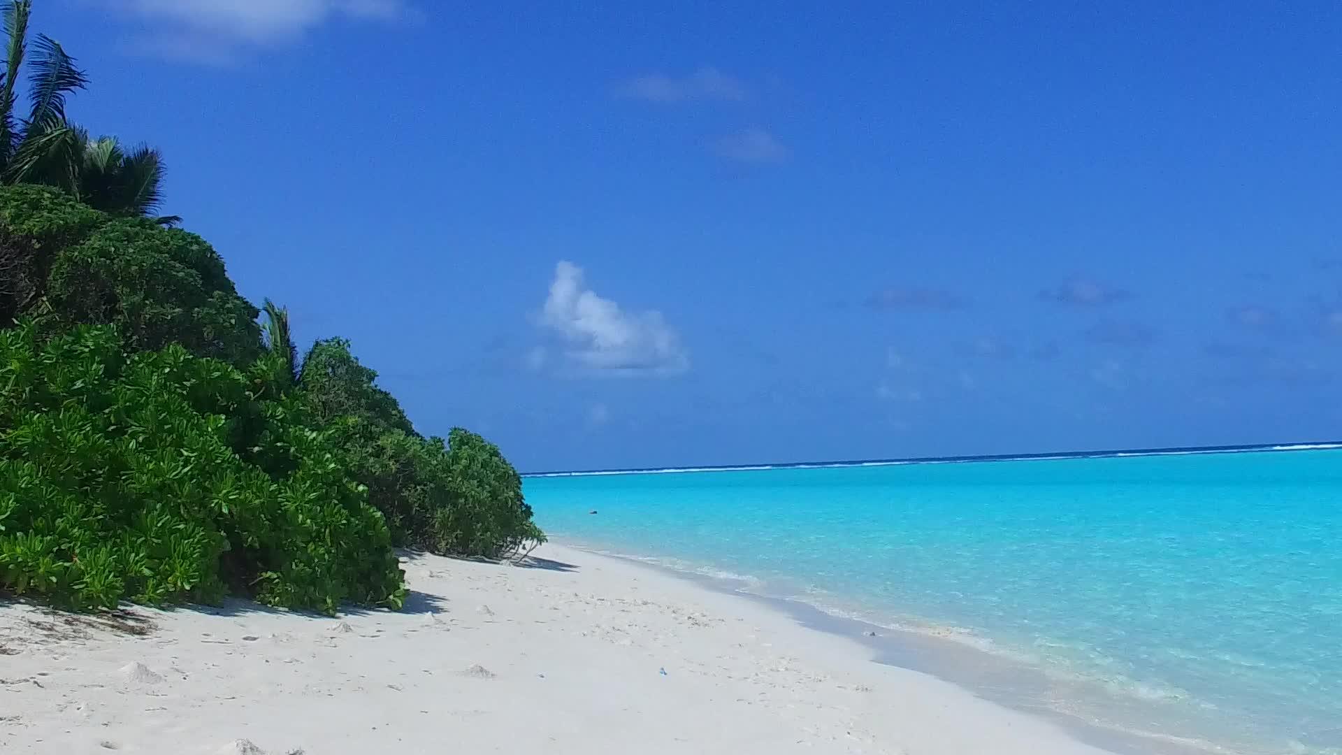 日出后阳光明媚的豪华岛屿景色由蓝色水海和白色沙滩组成视频的预览图