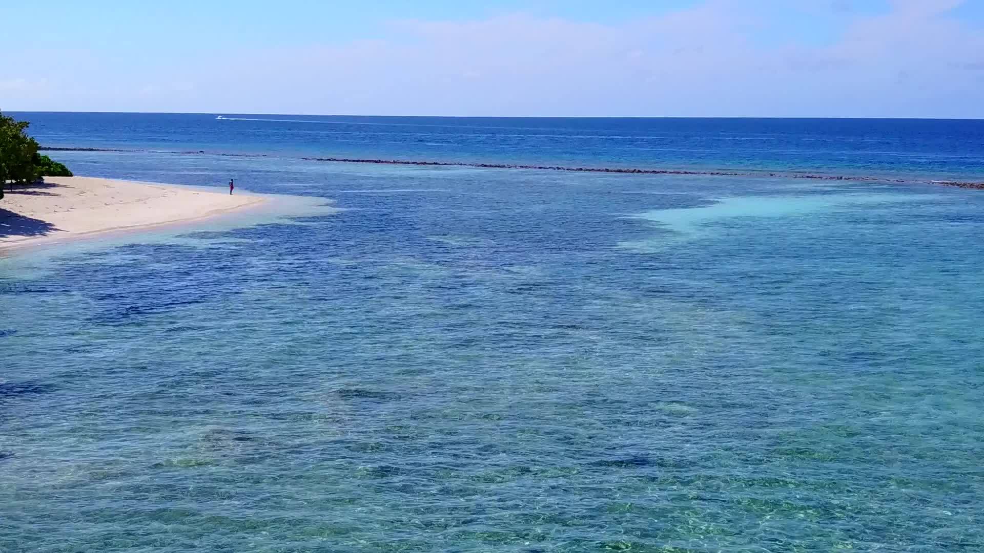 蓝色的水和白色的沙滩附近的棕榈树阳光明媚的旅游视频的预览图