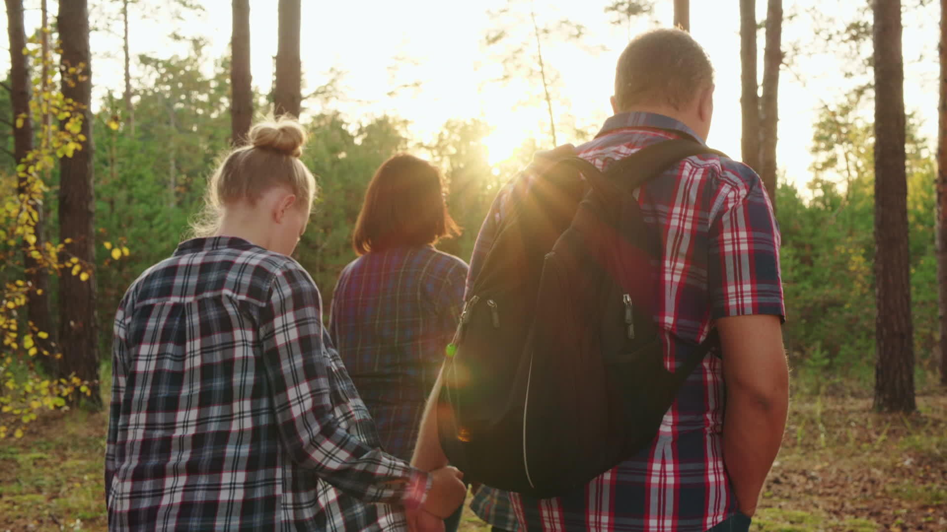 旅游家庭在夏季徒步旅行时在针叶林中友好地散步视频的预览图