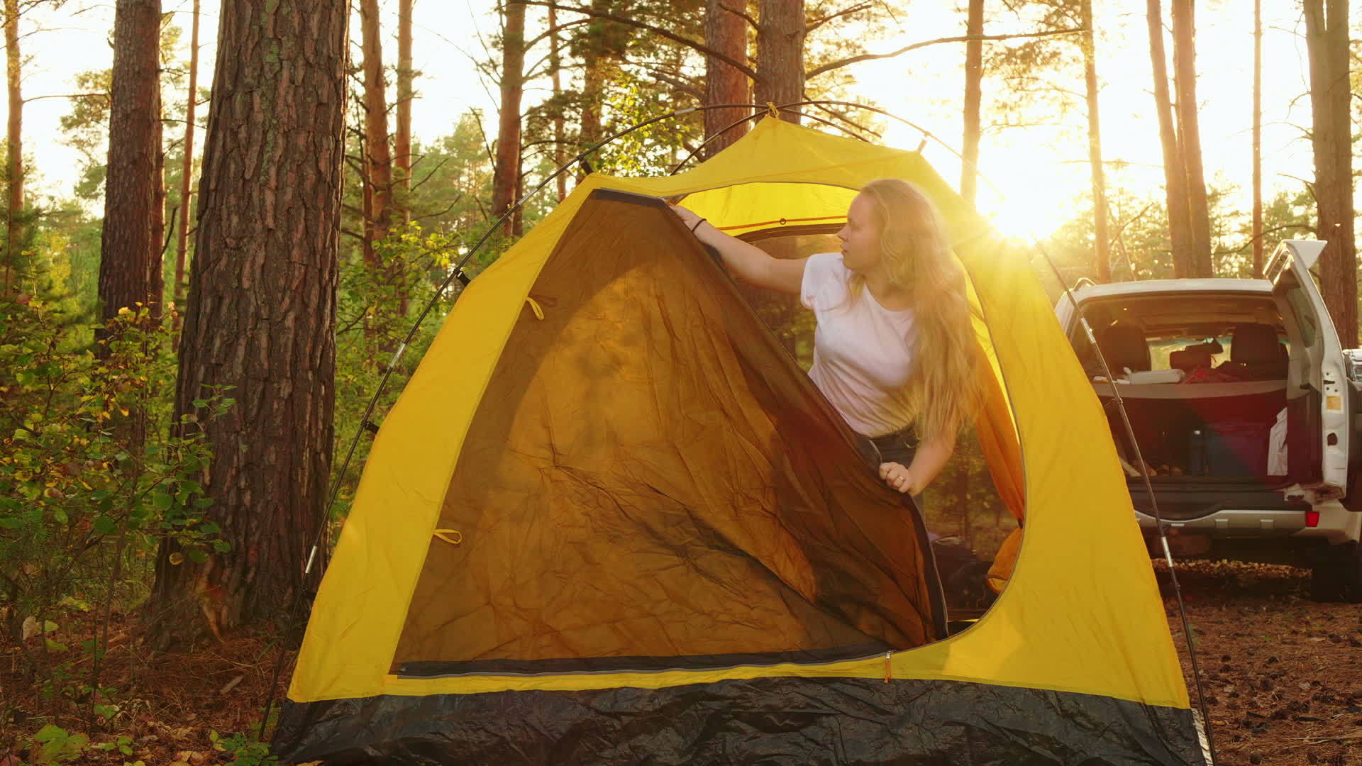 旅行女孩早上在森林的露营帐篷里醒来年轻女孩在旅游营地醒来视频的预览图