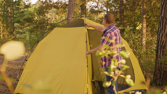 游客在阳光明媚的森林里设立露营帐篷旅行者在森林里旅行视频的预览图