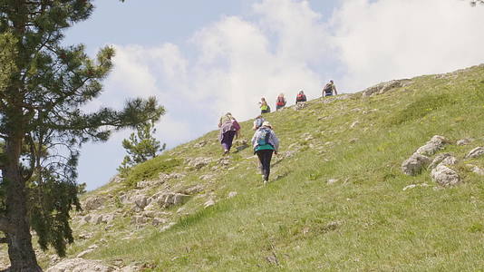 游客攀登的绿色山景石视频的预览图