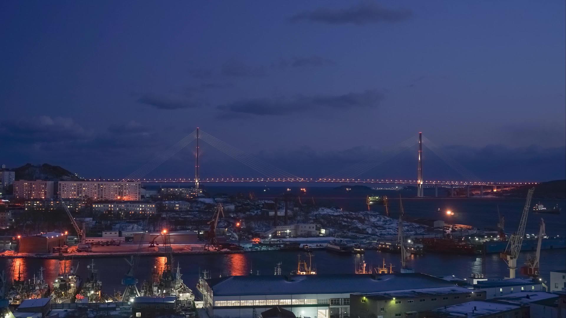 夜幕降临在俄罗斯维拉迪沃斯托克湾视频的预览图