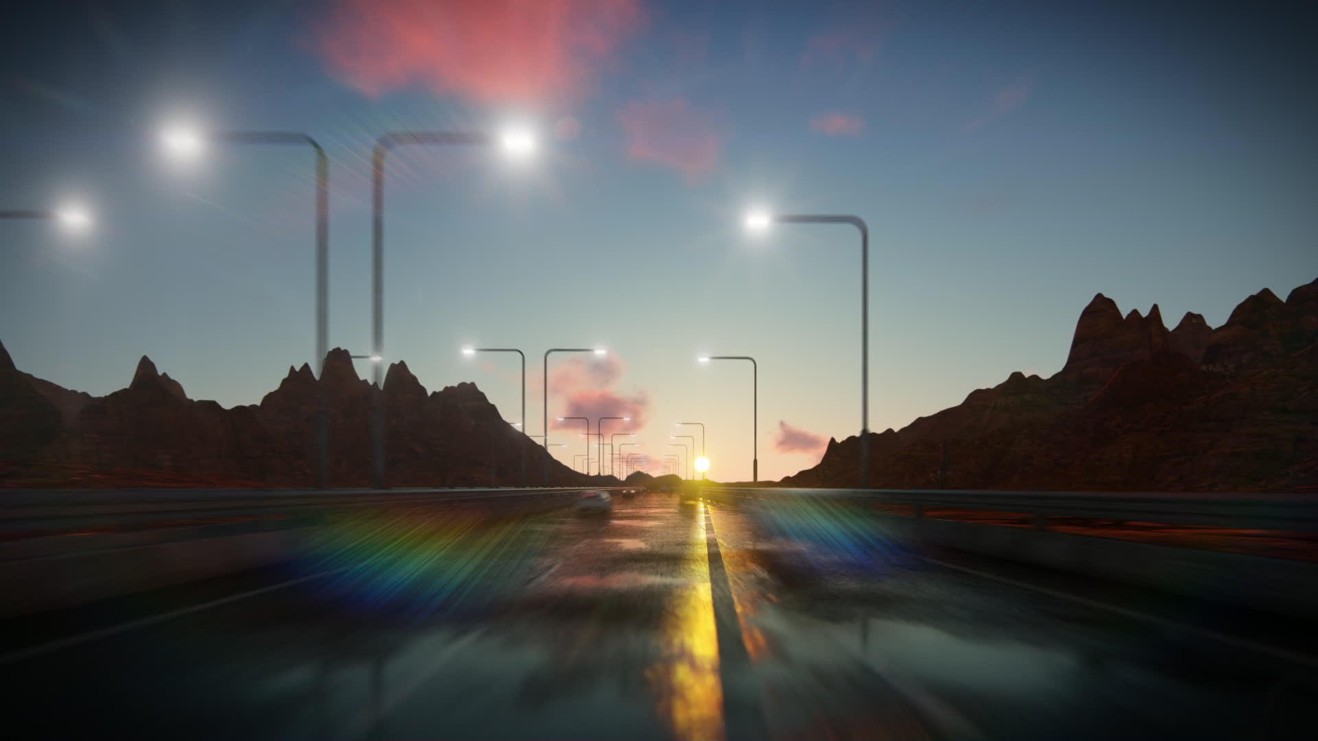 高速交通与沙漠山脉和时落云移动相机相隔而近视频的预览图