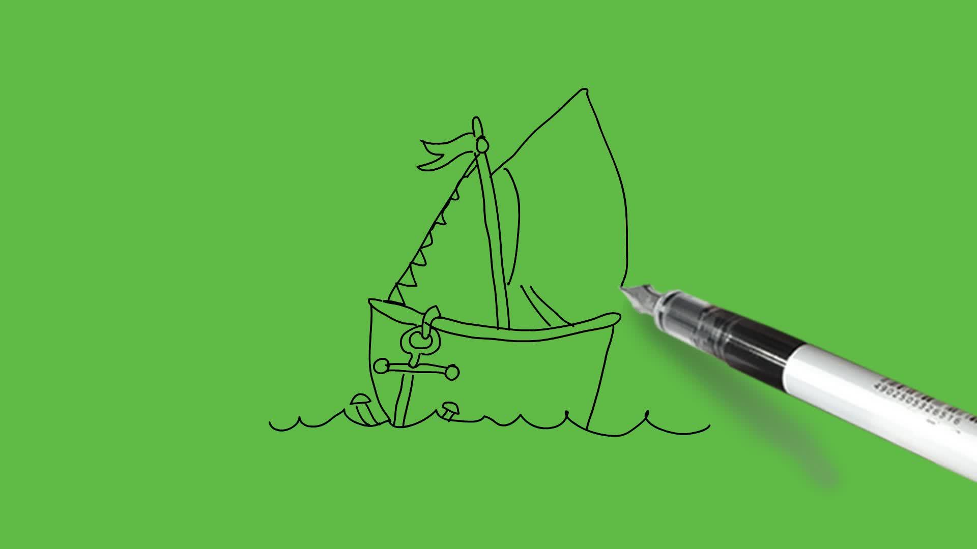 在河里画一艘游艇在抽象的绿色背景下混合黑色和彩色视频的预览图