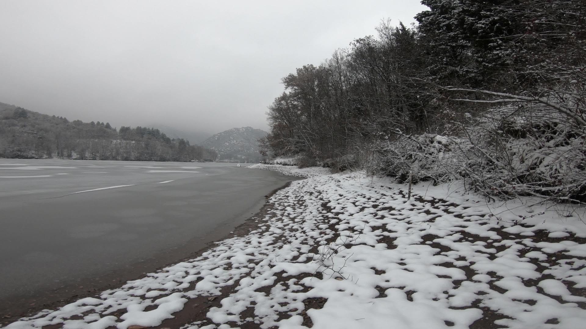 冰冻的湖面和松树的冬季景观被雾雾笼罩视频的预览图