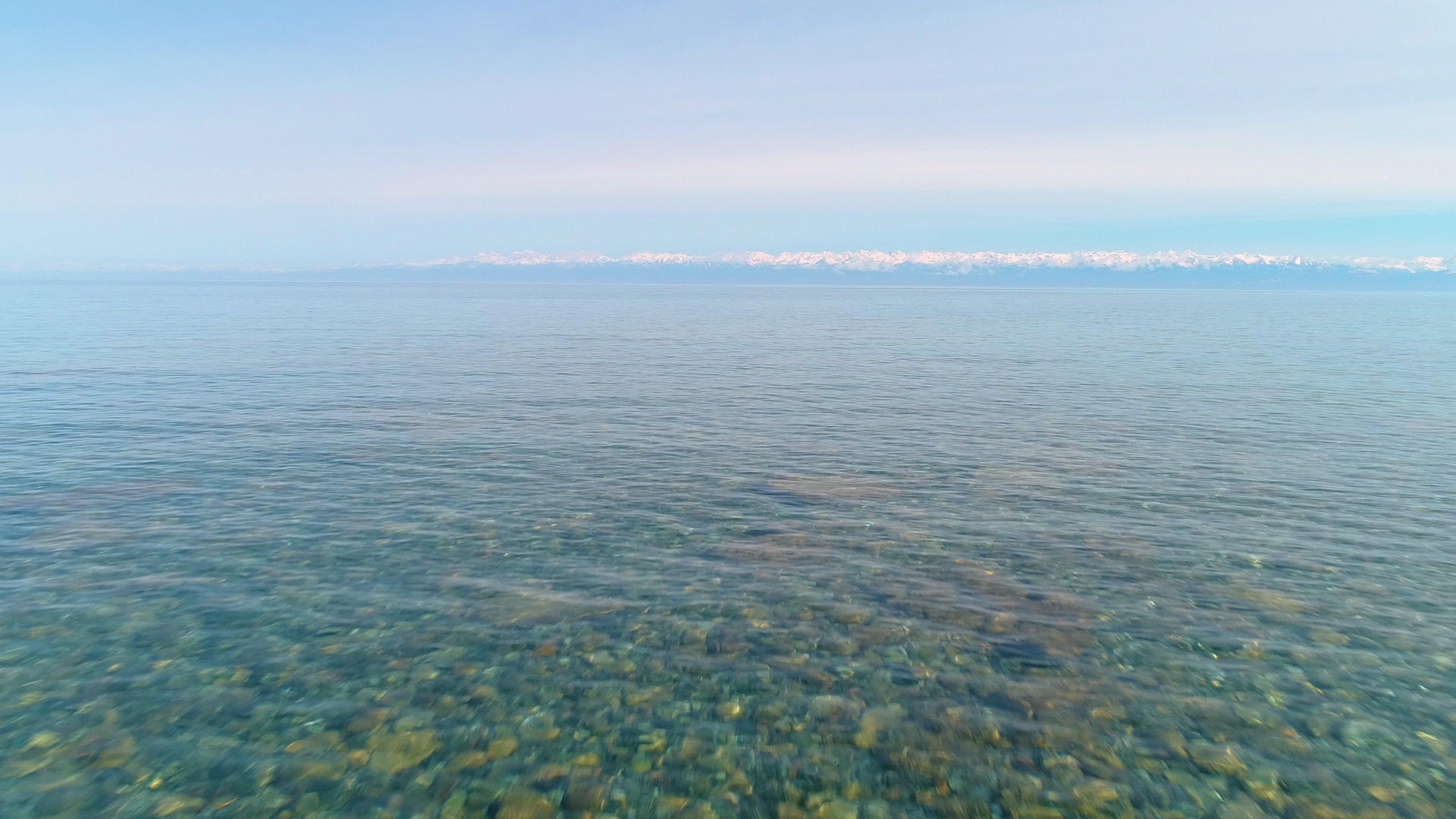 在低角向上飞过一个干净透明的湖在底部闪烁视频的预览图