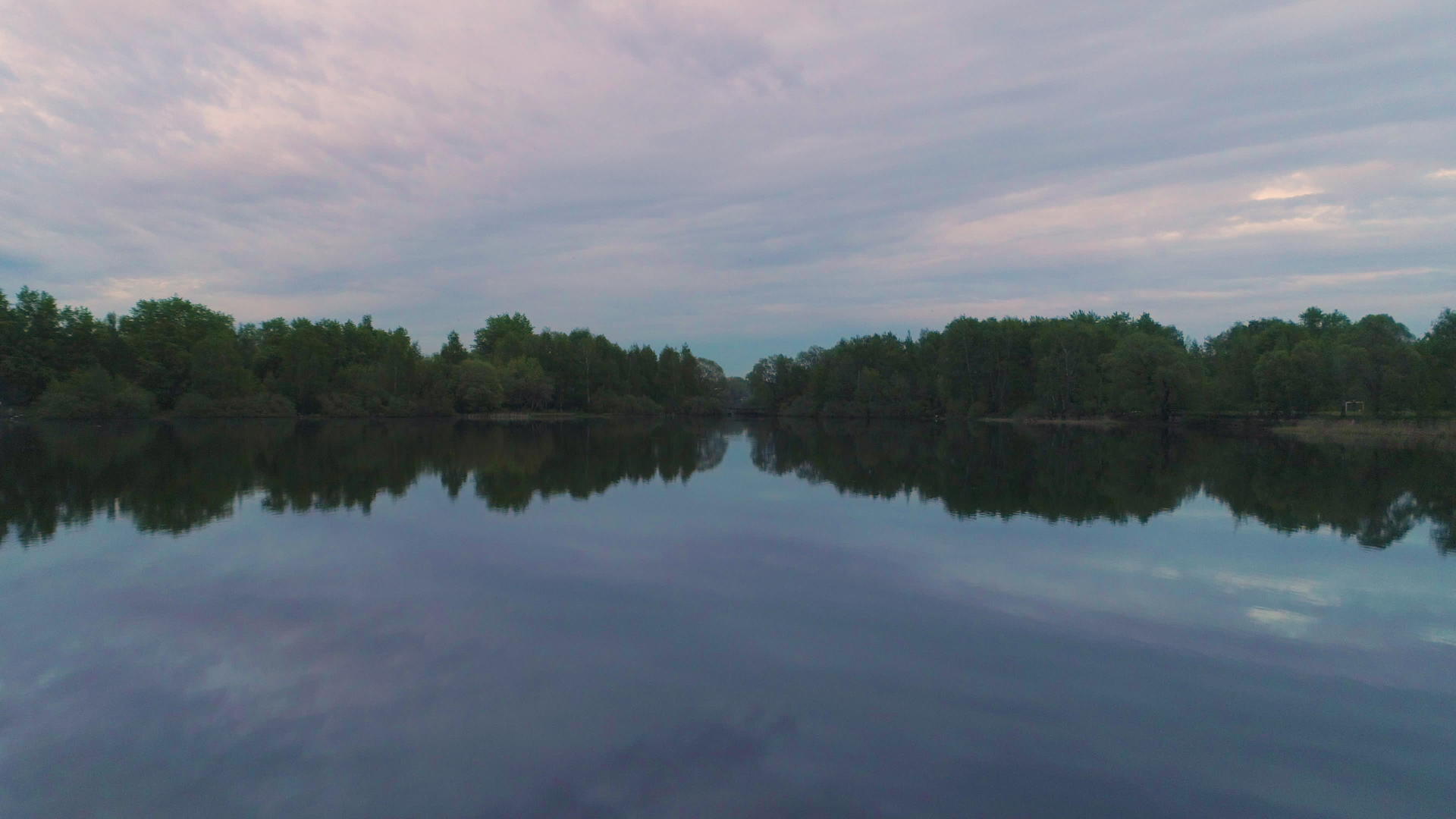 低角飞过湖面云层和树木在水中反射视频的预览图