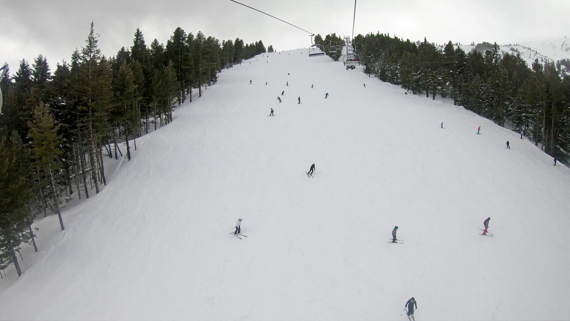 日出时叉车和滑雪板通过松林区运送到滑雪山坡度假胜地视频的预览图