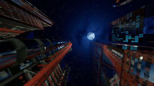 飞机飞越商业摩天大楼在满月4公里内围内对抗星星视频的预览图