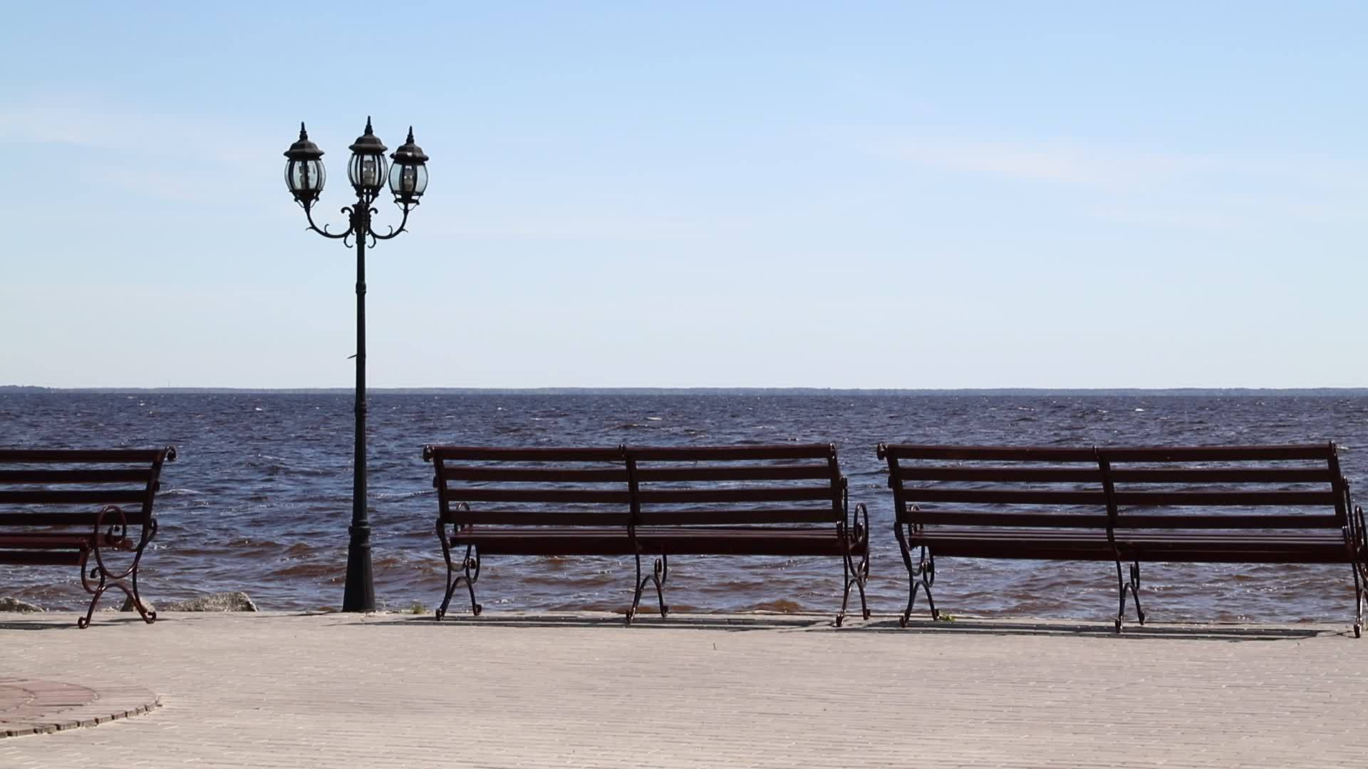 海滨河区有长椅和街道灯台视频的预览图