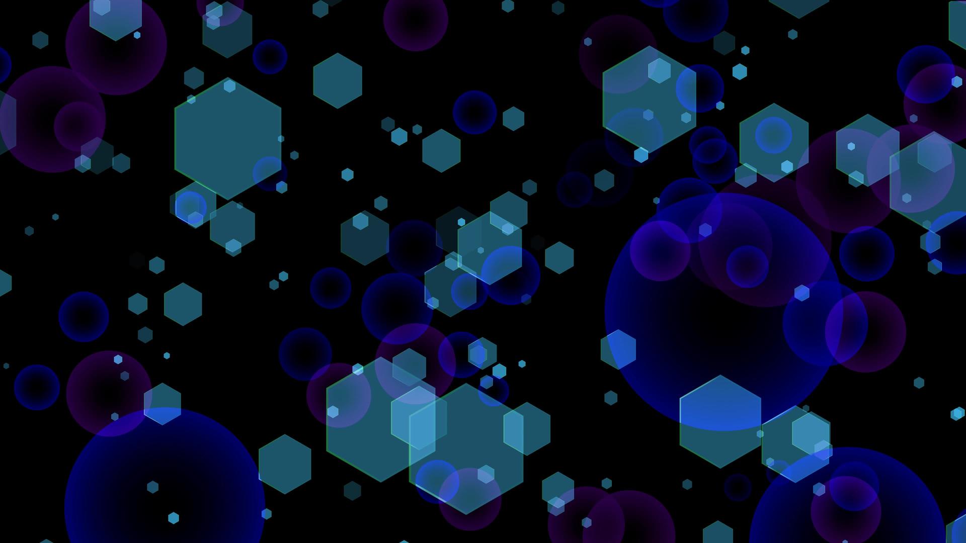 黑色屏幕背景上的紫色和蓝色六边形模糊气泡视频的预览图