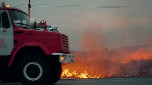 在森林火灾期间消防车在背景燃烧的草地上闪烁视频的预览图