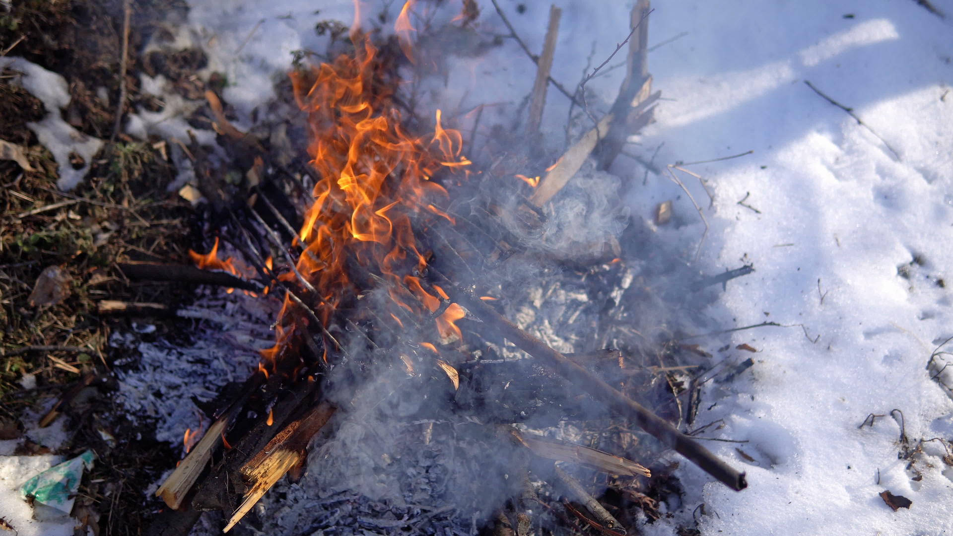 男人在森林之间点火为晚上睡觉做准备用小火让自己变暖探索视频的预览图