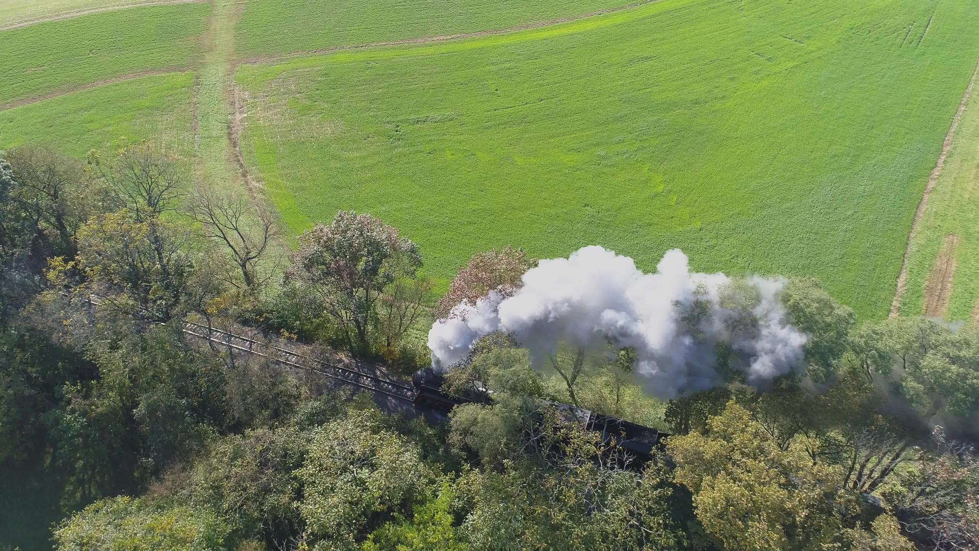 黑烟和蒸汽冲刷树木的恢复蒸汽机车在农村旅行视频的预览图