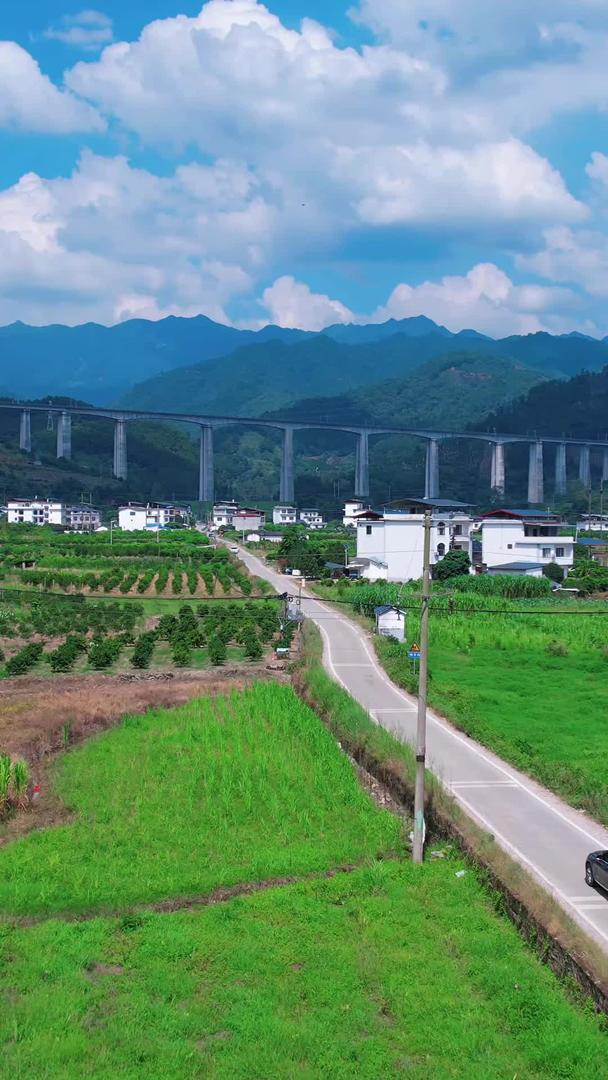 蓝天白云中国基建高铁高架桥轨道动车行驶中航拍视频的预览图