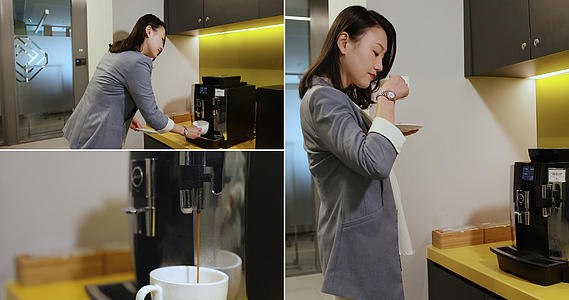 女性职员在茶水间用咖啡机视频的预览图