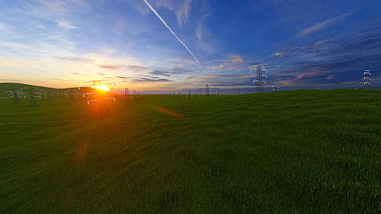日落时绿地上的电柱视频的预览图
