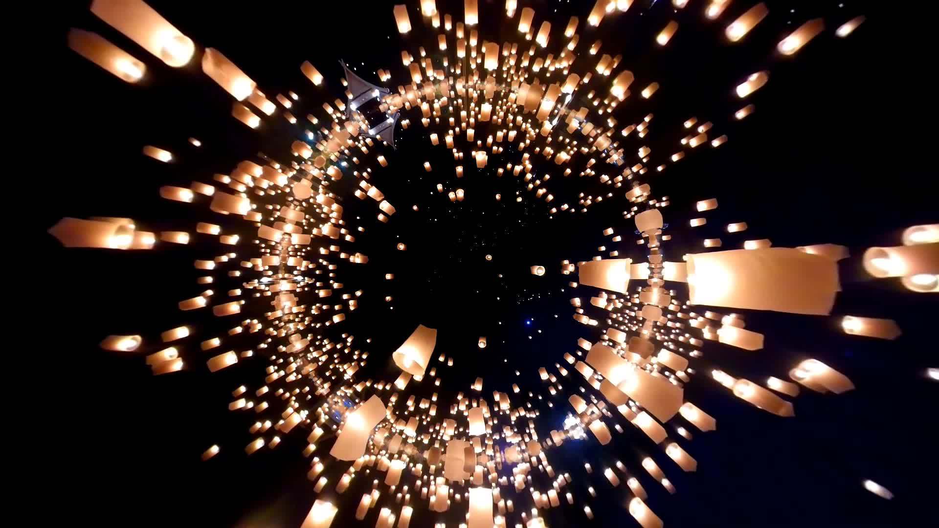许多空中灯笼漂浮在夜空中反射效果左倾角缩放视频的预览图