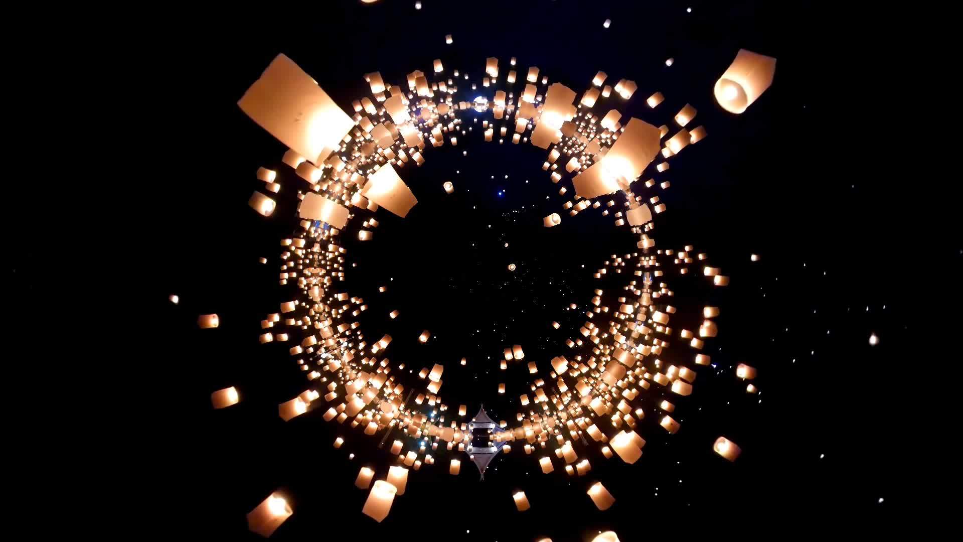许多空中灯笼漂浮在夜空和反射效应上视频的预览图