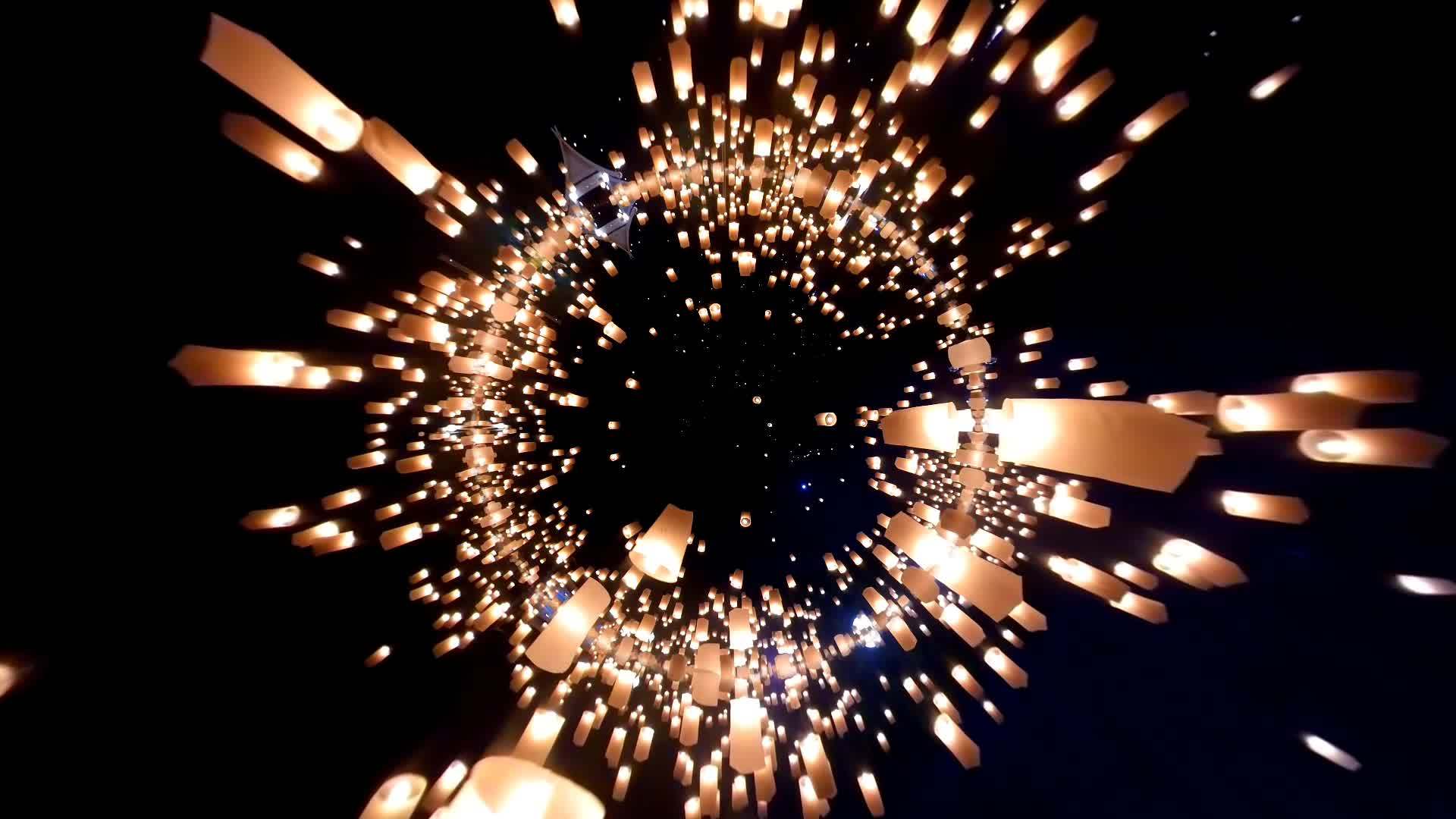 许多空中灯笼漂浮在夜空中反射效果左倾视频的预览图