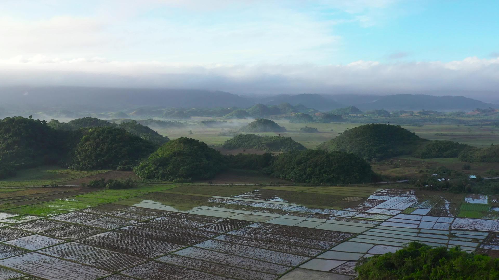 充满活力的绿色热带山谷有稻田和农田晨雾视频的预览图