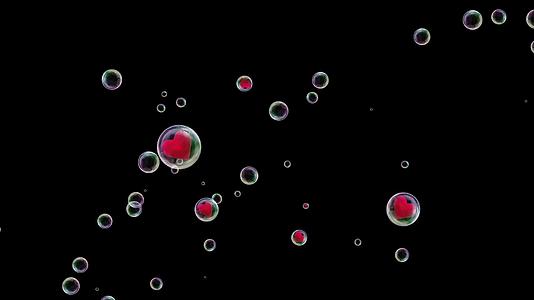 红心漂浮在黑色背景的泡泡中视频的预览图