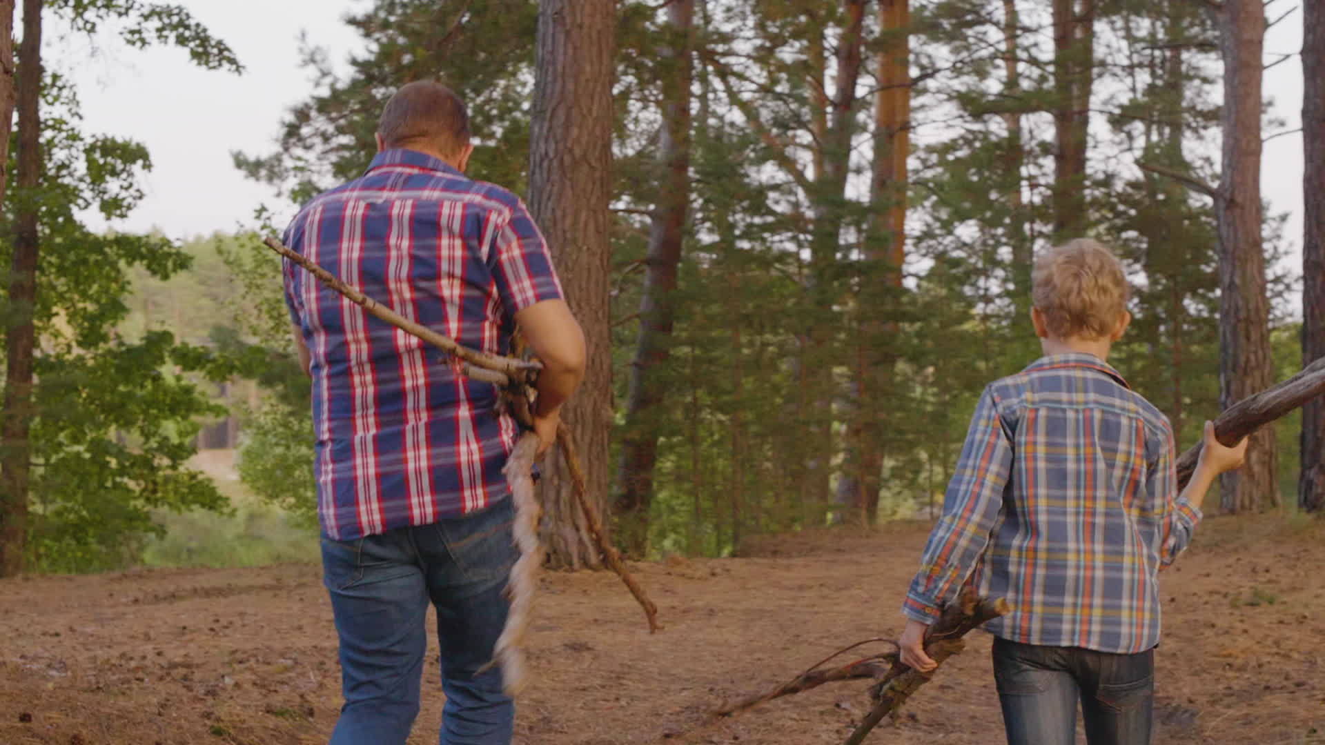 在森林里父亲和儿子背着木柴视频的预览图