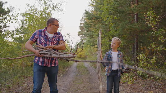 父亲和儿子在夏天的森林里收集干柴友好的父亲和儿子视频的预览图