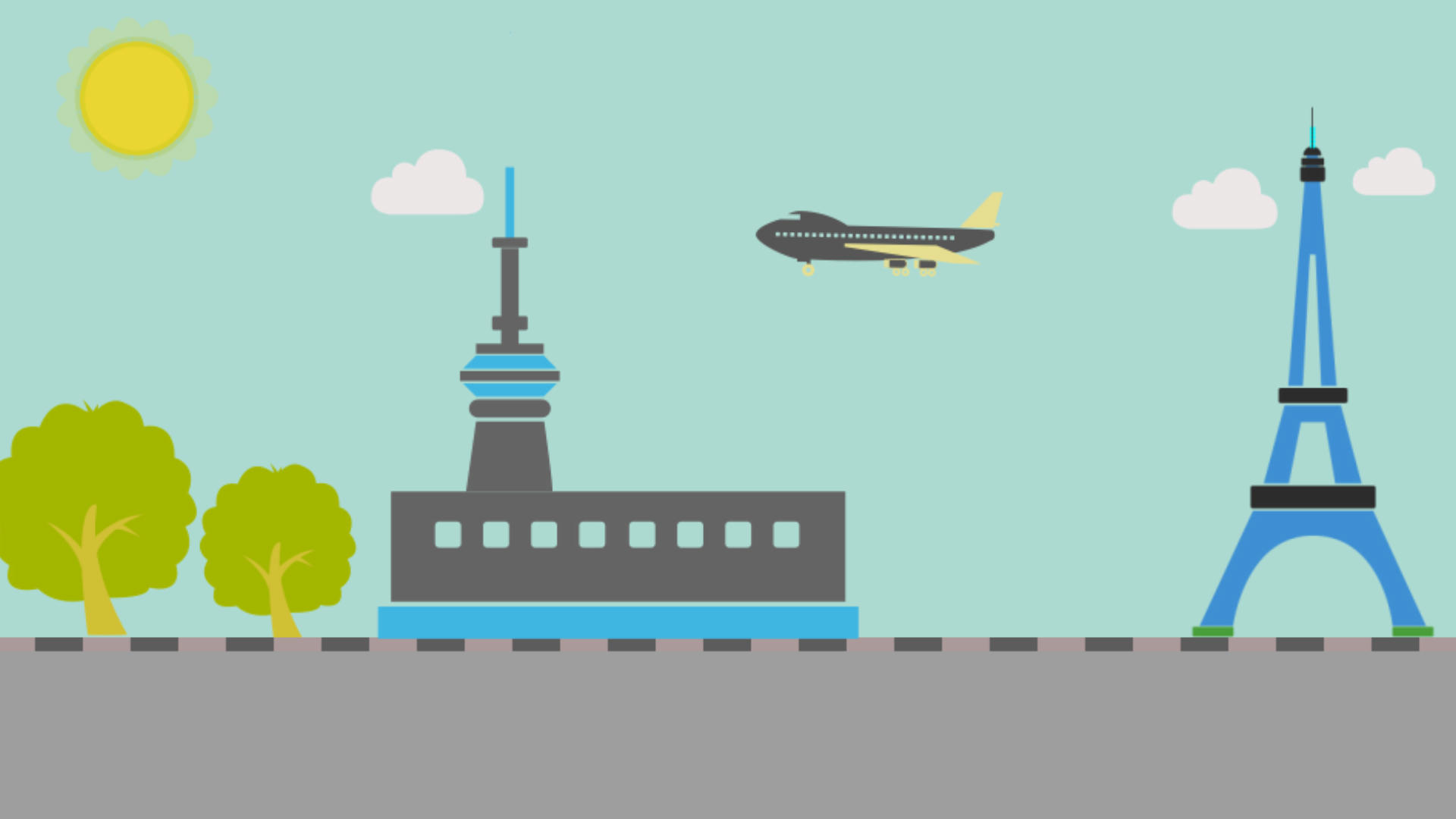 天空云朵树木机场飞机埃菲尔铁塔卡通场景视频的预览图