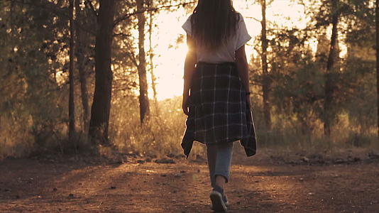 在森林里年轻女孩走向日落视频的预览图