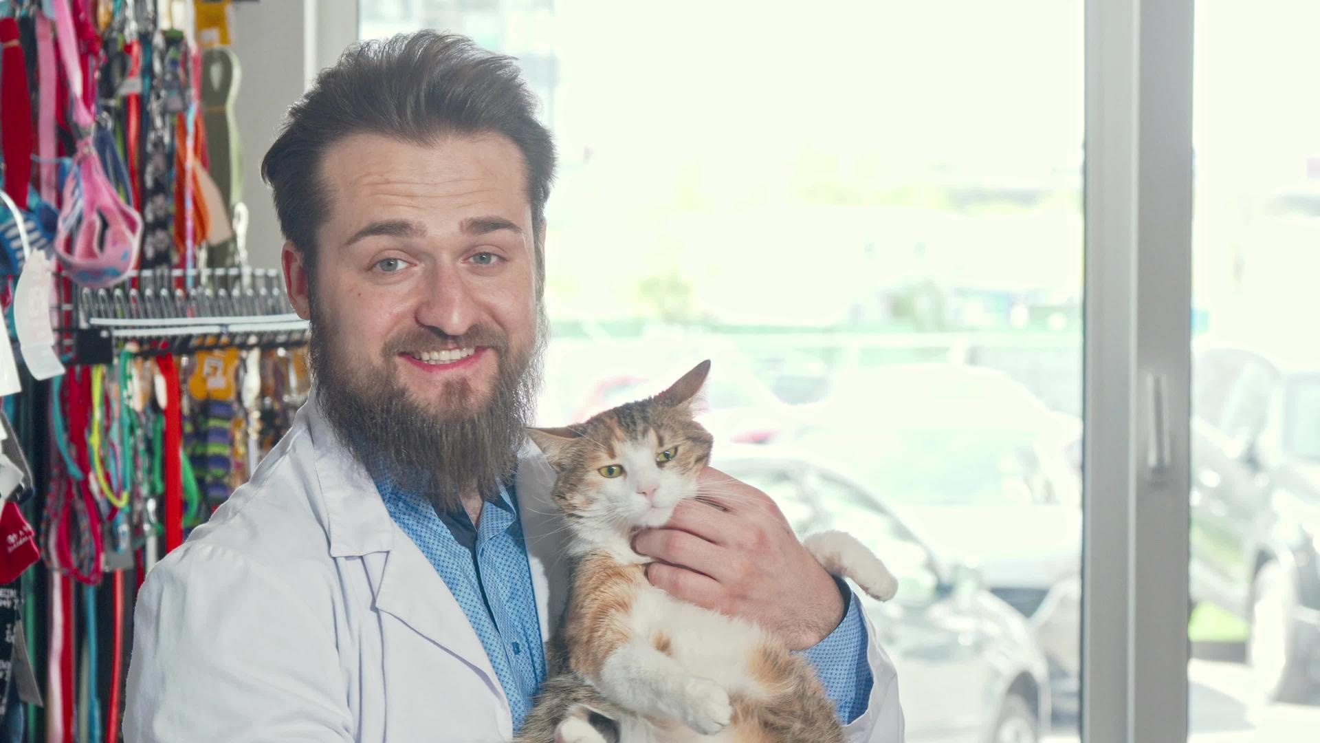 友好的兽医对着镜头微笑拿着一只可爱的易怒的猫视频的预览图