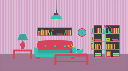 卡通家庭客厅沙发桌椅书柜场景视频的预览图