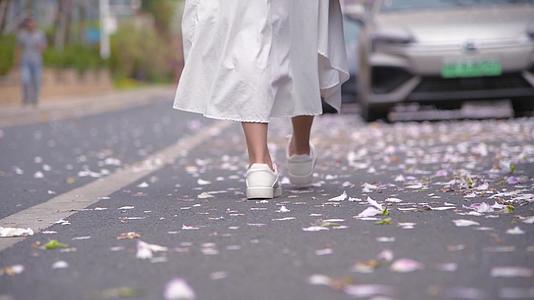 4K少女在飘满花瓣的道路上漫步脚部特写视频的预览图