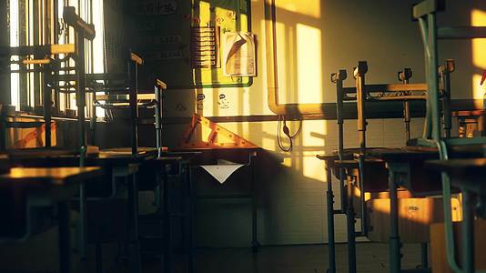 金色的阳光照进放学后空无一人的小学教室视频的预览图