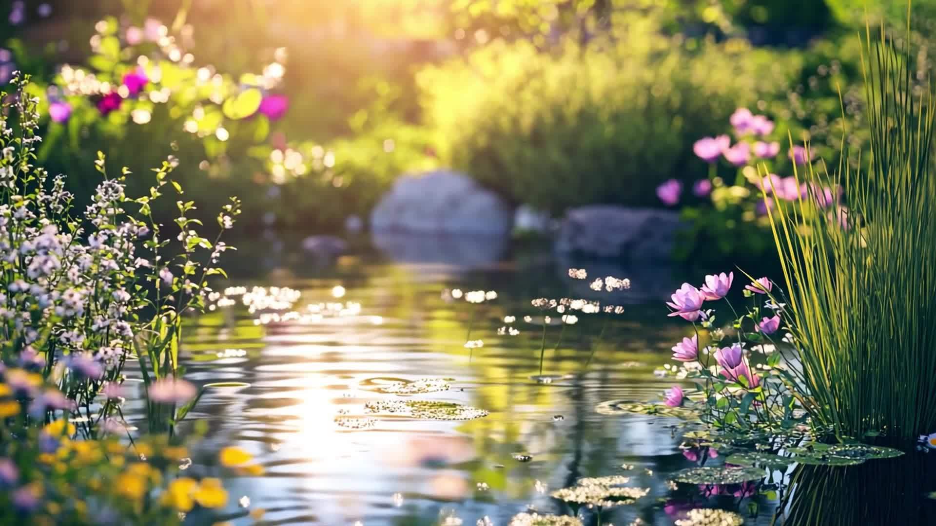 春暖花园倒影池塘边花海视频的预览图