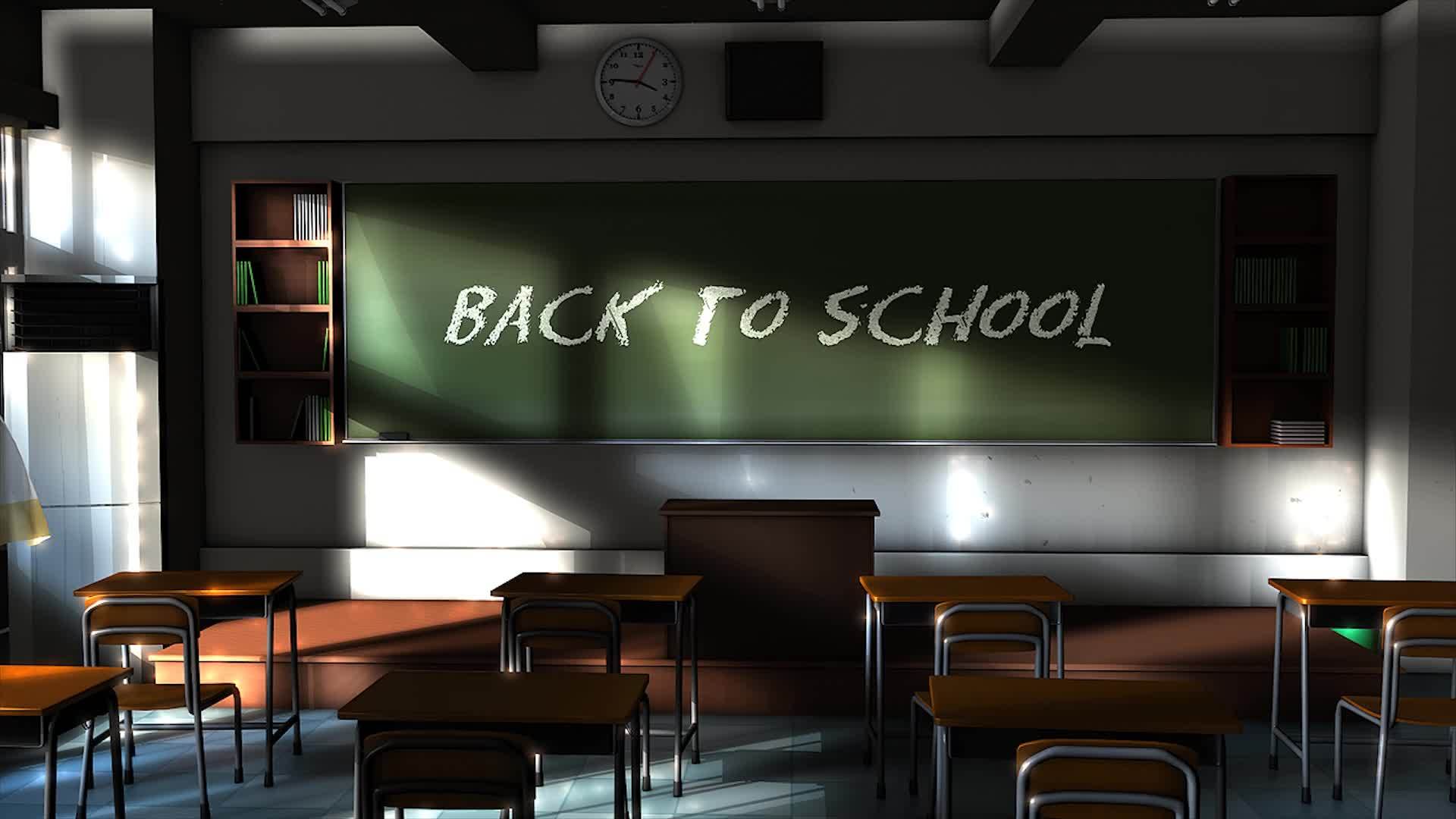 3d动画黑板上有一个空教室上面有回校写字的文字视频的预览图