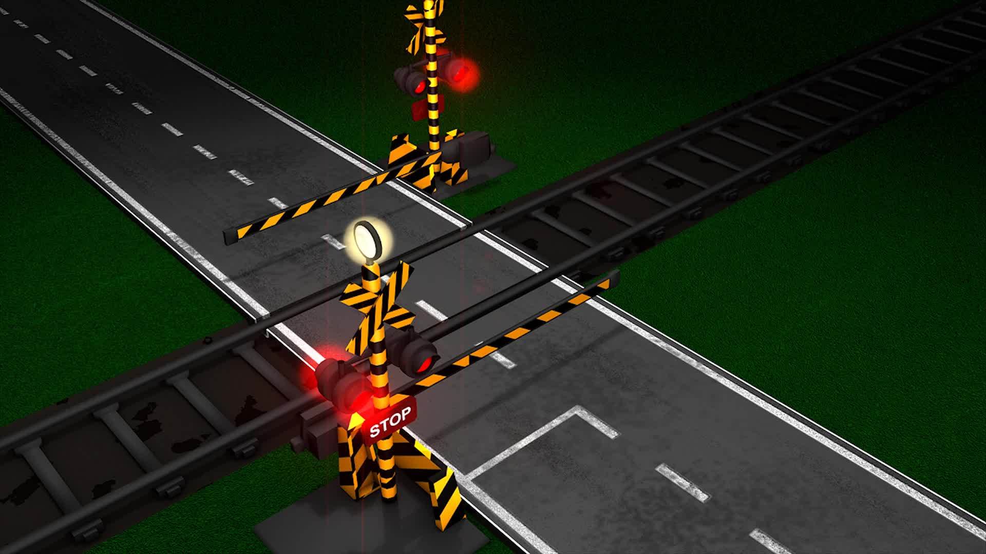 穿越铁路的动画门灯火车交通和概念视频的预览图