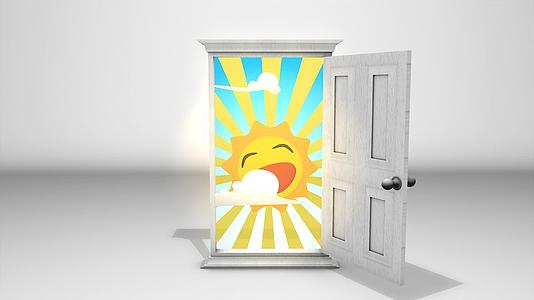 快乐的太阳在白色的门里升起视频的预览图