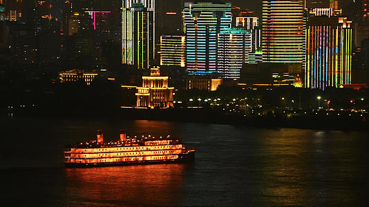 航拍城市献礼灯光秀表演庆祝建党100周年江景游船4k素材视频的预览图
