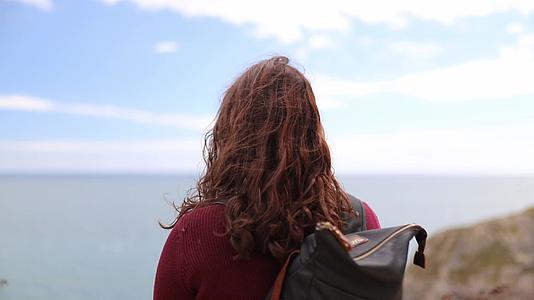 女性欣赏极地海岸风景的背景视频的预览图