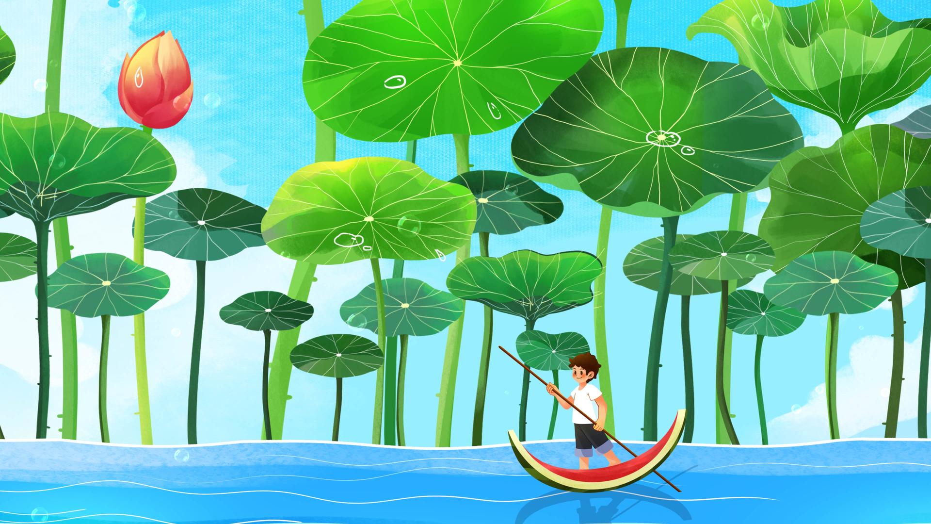 卡通夏日荷花流水划船处暑背景视频的预览图