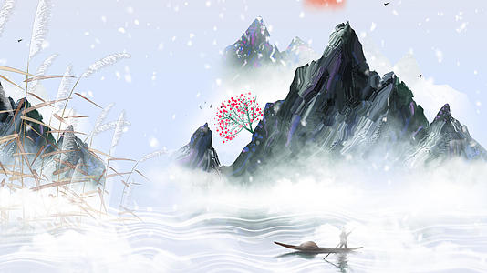 4K冬天风雪花在山水中飘动视频的预览图