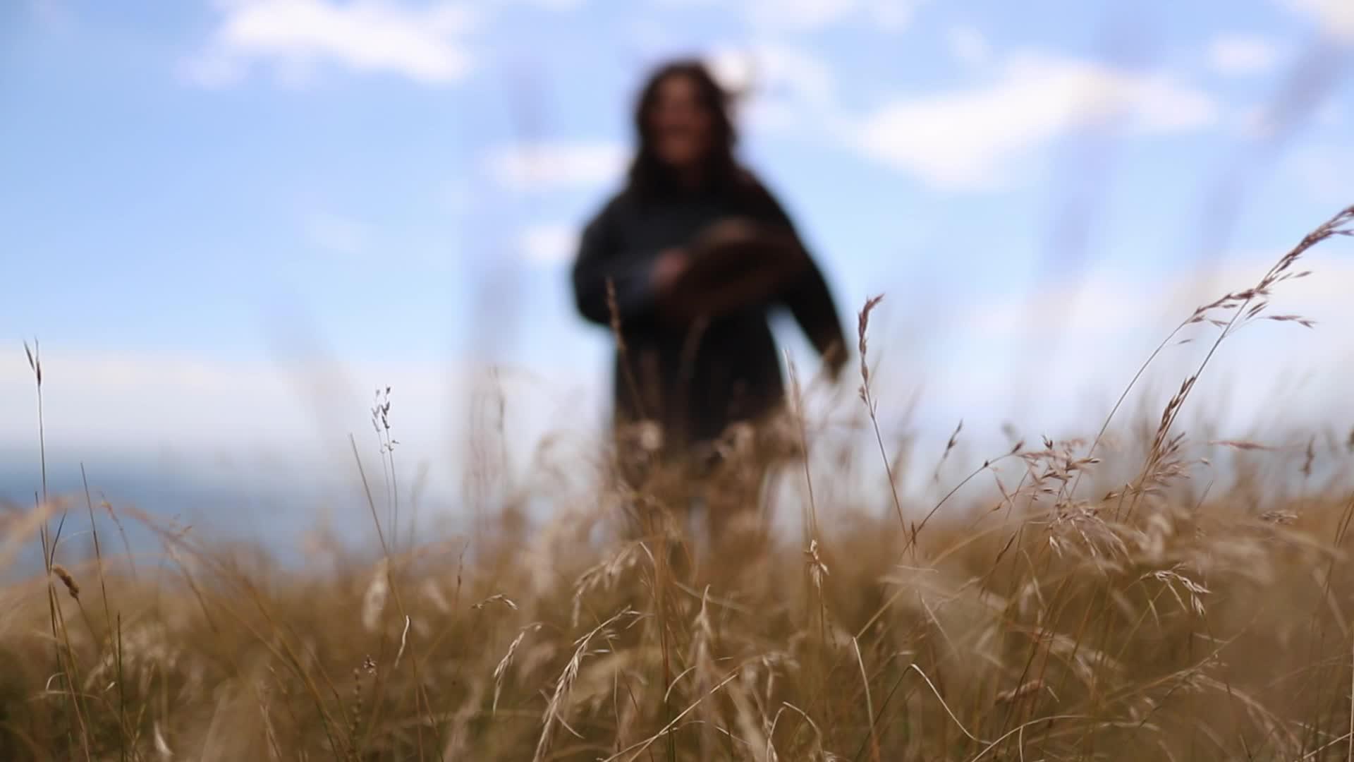 女人在高高的干草上快乐地行走视频的预览图